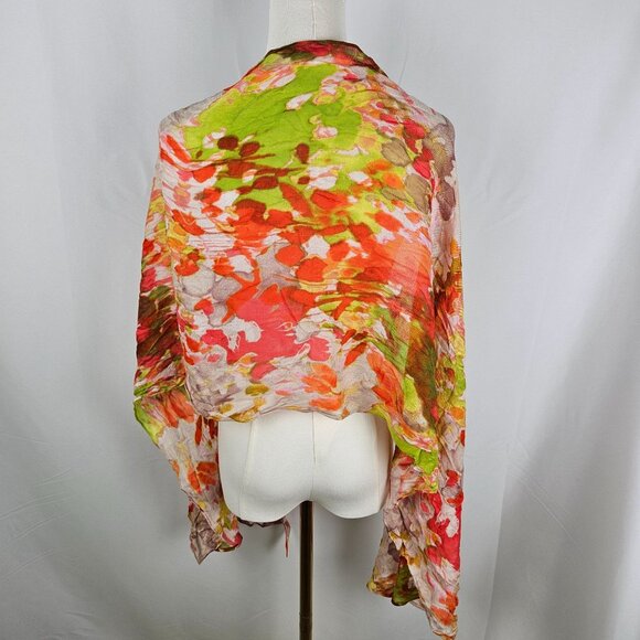 Floral Sheer Wrap Scarf/Shawl Vibrant Lightweight Orange Green - Picture 3 of 5
